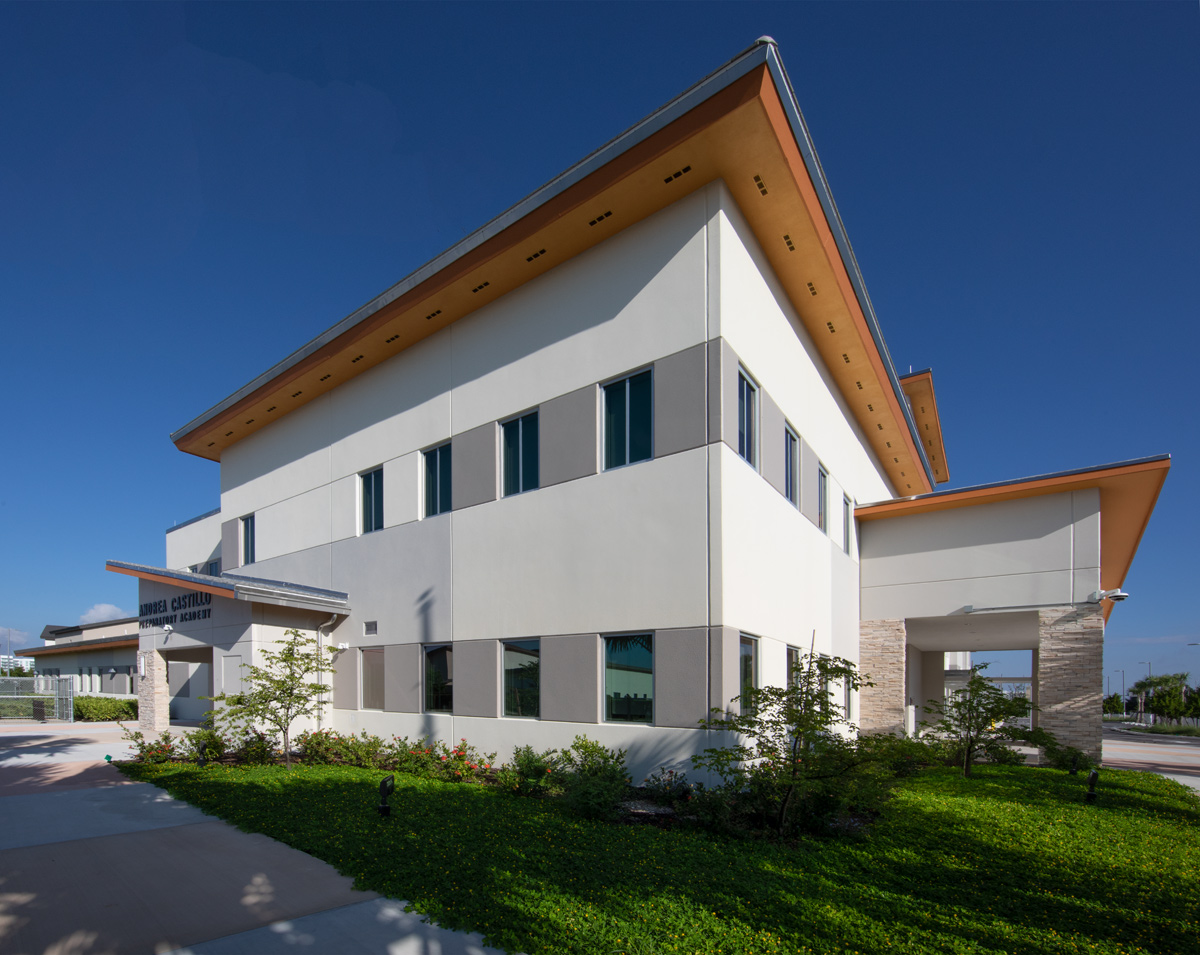 Architectural duel entrance view of Andrea Castillo K8 school.